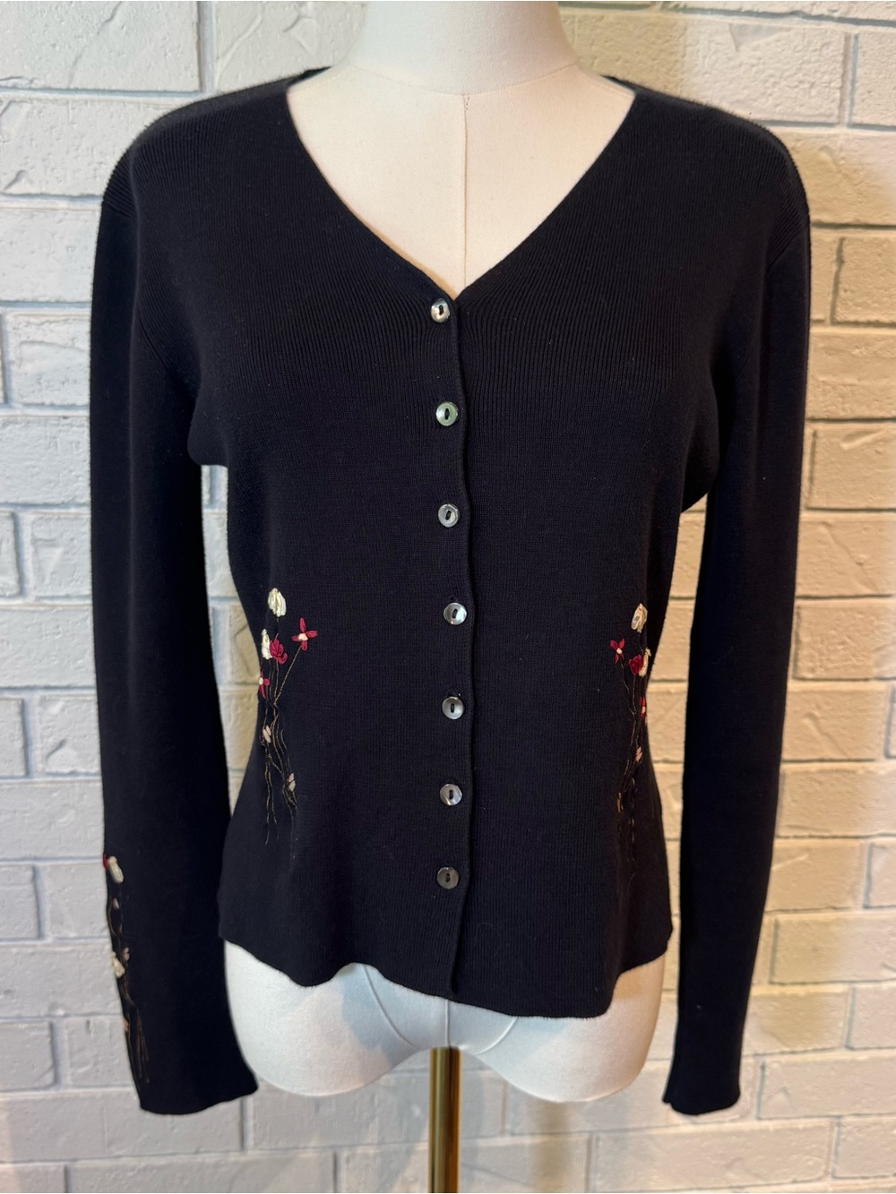 Vintage 90s Y2k Telluride Black Sweater Cardigan Floral Embroidery Women’s S